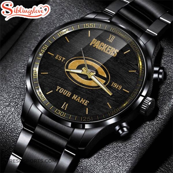 Custom Name  Green Bay Packers NFL Black Stainless Steel Watch For Fans