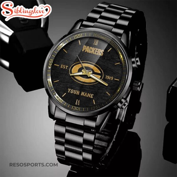 Custom Name  Green Bay Packers NFL Black Stainless Steel Watch For Fans