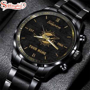 Custom Name Miami Dolphins NFL Black Stainless Steel Watch For Fans 2