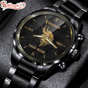 Custom Name Minnesota Vikings NFL Black Stainless Steel Watch For Fans 3