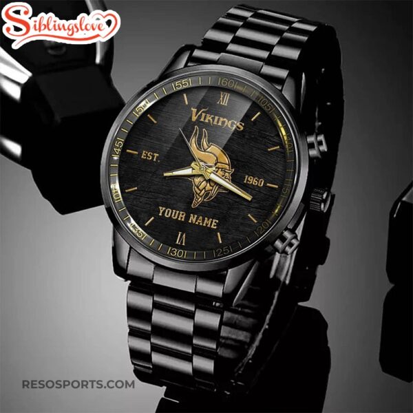 Custom Name  Minnesota Vikings NFL Black Stainless Steel Watch For Fans