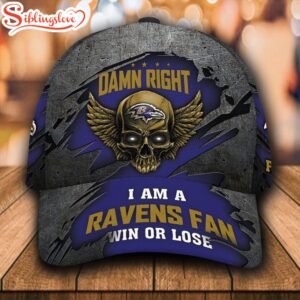 Custom Name NFL Baltimore Ravens Dam Right Text Skull All Over Print 3D Classic Cap 0