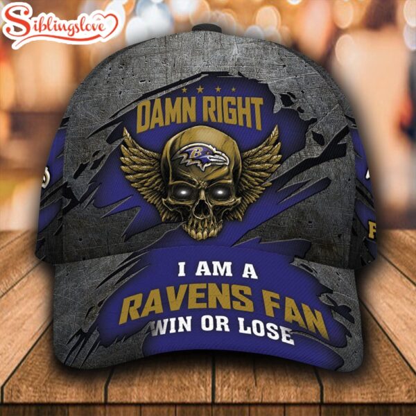 Custom Name NFL Baltimore Ravens Dam Right Text Skull All Over Print 3D Classic Cap