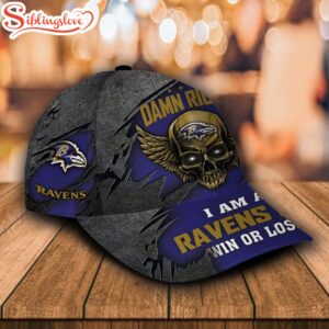 Custom Name NFL Baltimore Ravens Dam Right Text Skull All Over Print 3D Classic Cap 1