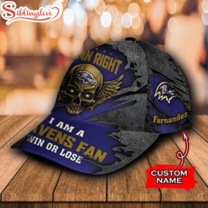 Custom Name NFL Baltimore Ravens Dam Right Text Skull All Over Print 3D Classic Cap 2