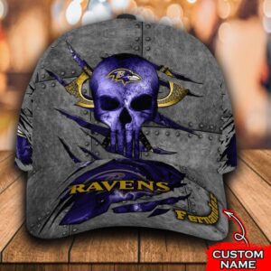 Custom Name NFL Baltimore Ravens Skull All Over Print Blue 3D Classic Cap 1