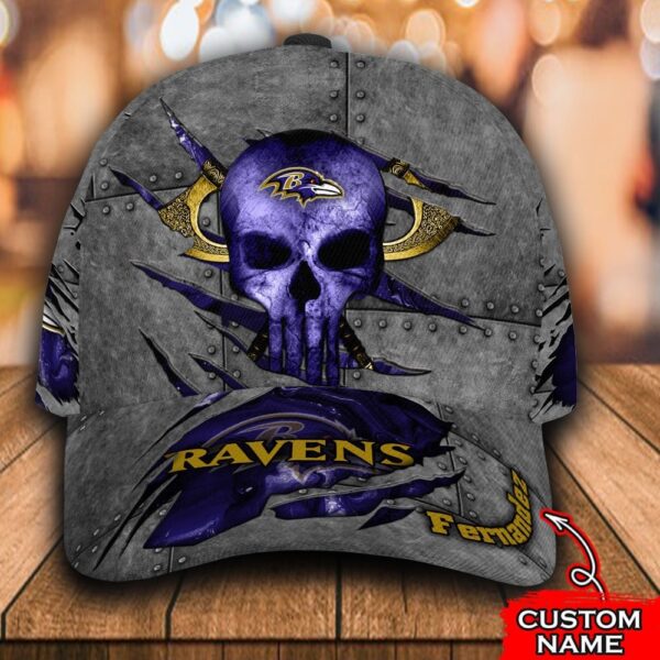 Custom Name NFL Baltimore Ravens Skull All Over Print – Blue 3D Classic Cap