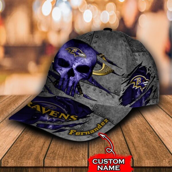 Custom Name NFL Baltimore Ravens Skull All Over Print – Blue 3D Classic Cap