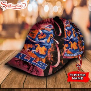 Custom Name NFL Buffalo Bills Fire Skull All Over Print 3D Classic Cap 2