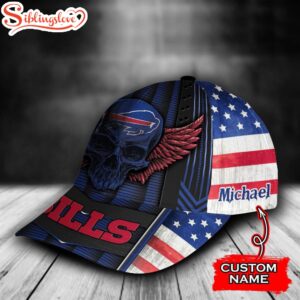 Custom Name NFL Buffalo Bills Skull Wings USA Flag All Over Print 3D Classic Cap 1