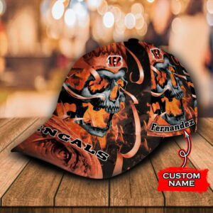 Custom Name NFL Cincinnati Bengals Fire Skull All Over Print Orange 3D Classic Cap 2