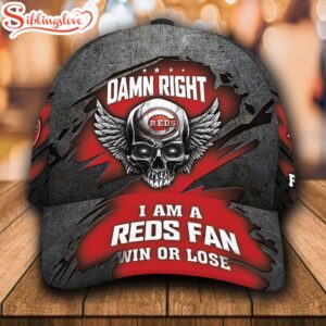 Custom Name NFL Cincinnati Reds Skull Damn Right Text All Over Print 3D Classic Cap 0