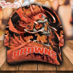 Custom Name NFL Cleveland Browns Flame Skull All Over Print 3D Classic Cap 0