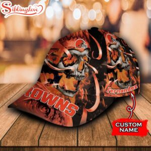 Custom Name NFL Cleveland Browns Flame Skull All Over Print 3D Classic Cap 2