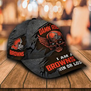 Custom Name NFL Cleveland Browns Luxury Skull Damn Right All Over Print 3D Classic Cap 1