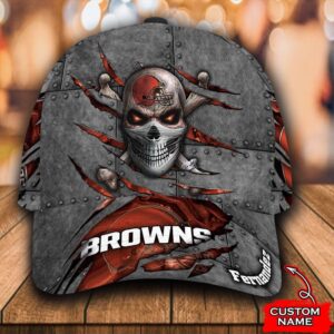 Custom Name NFL Cleveland Browns Skull All Over Print 3D Classic Cap 1