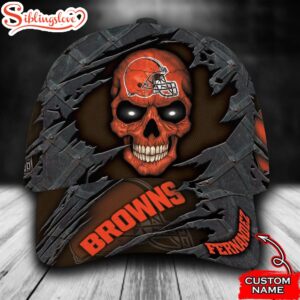 Custom Name NFL Cleveland Browns Skull All Over Print Orange 3D Classic Cap 0