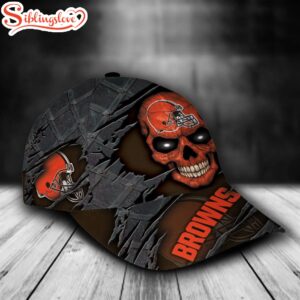 Custom Name NFL Cleveland Browns Skull All Over Print Orange 3D Classic Cap 1