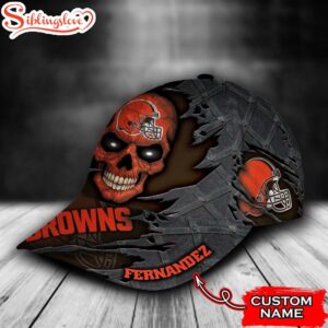 Custom Name NFL Cleveland Browns Skull All Over Print Orange 3D Classic Cap 2