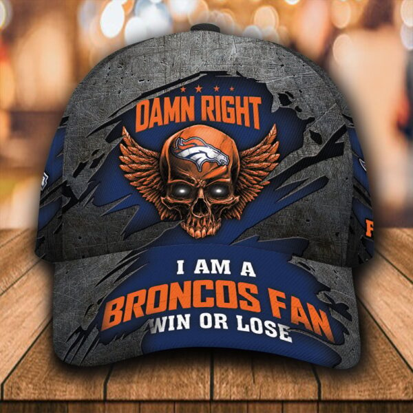 Custom Name NFL Denver Broncos Skull Damn Right Text All Over Print 3D Classic Cap