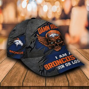 Custom Name NFL Denver Broncos Skull Damn Right Text All Over Print 3D Classic Cap 1