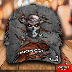 Custom Name NFL Denver Broncos Skull Rivet Pattern All Over Print Silver 3D Classic Cap 0