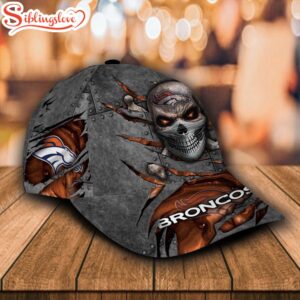 Custom Name NFL Denver Broncos Skull Rivet Pattern All Over Print Silver 3D Classic Cap 1