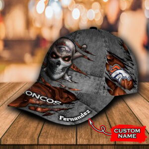 Custom Name NFL Denver Broncos Skull Rivet Pattern All Over Print Silver 3D Classic Cap 2