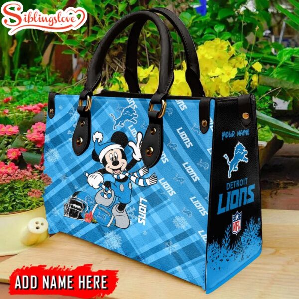 Custom Name NFL Detroit Lions Mickey Mouse Christmas Leather Handbag