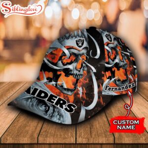 Custom Name NFL Las Vegas Raiders Fire Skull All Over Print 3D Classic Cap 2