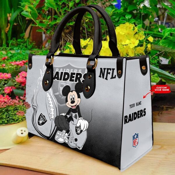 Custom Name NFL Las Vegas Raiders Mickey Mouse Leather Hand Bag