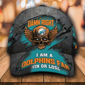 Custom Name NFL Miami Dolphins Luxury Skull Damn Right All Over Print 3D Classic Cap 0