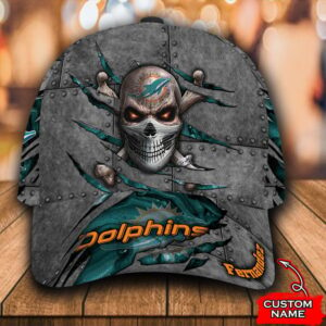 Custom Name NFL Miami Dolphins Skull All Over Print 3D Classic Cap 0