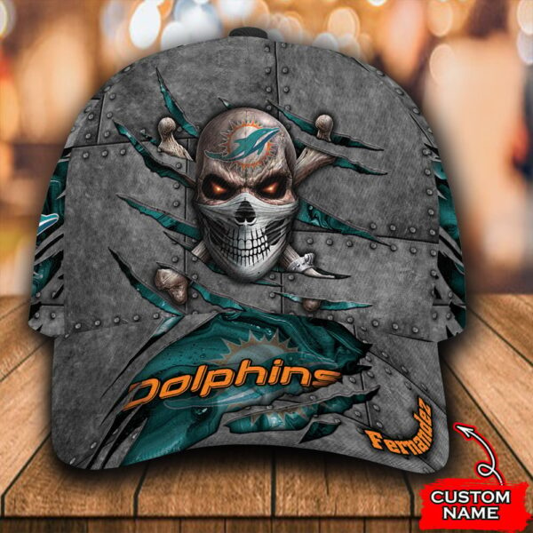 Custom Name NFL Miami Dolphins Skull All Over Print 3D Classic Cap