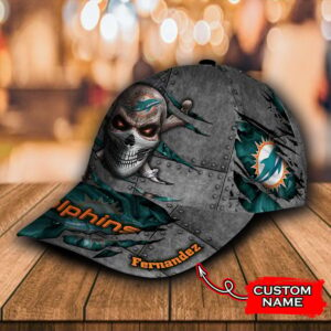 Custom Name NFL Miami Dolphins Skull All Over Print 3D Classic Cap 2