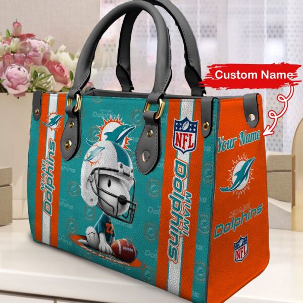 Custom Name NFL Miami Dolphins Snoopy Dog Leather Hand Bag