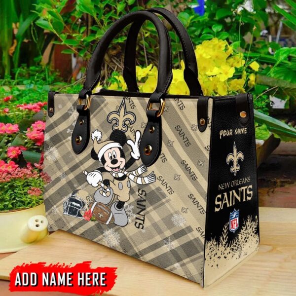 Custom Name NFL New Orleans Saints Mickey Christmas Leather Hand Bag