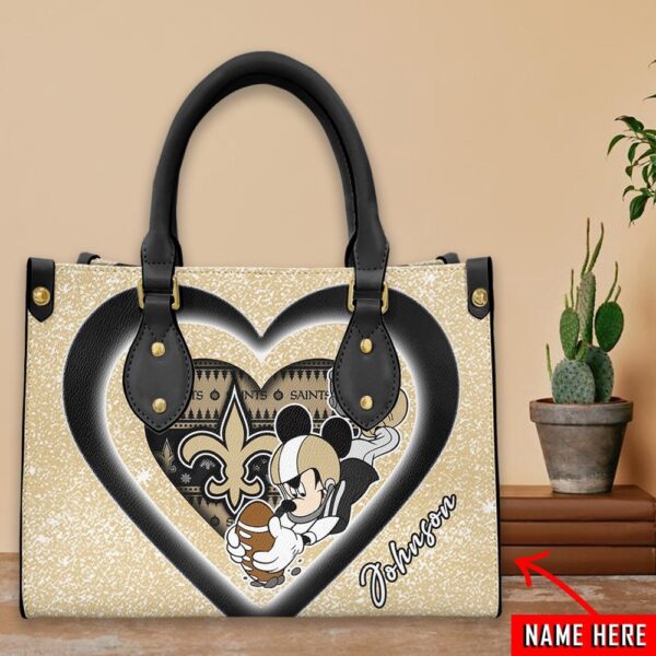 Custom Name NFL New Orleans Saints Mickey Mouse Leather Hand Bag