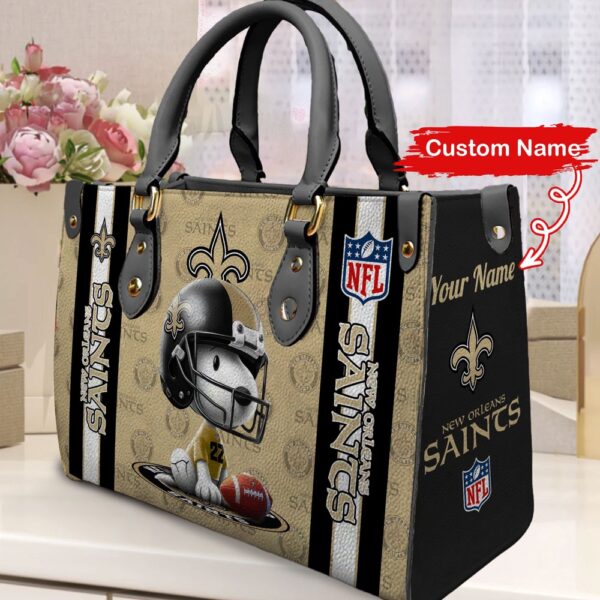 Custom Name NFL New Orleans Saints Snoopy Leather Hand Bag