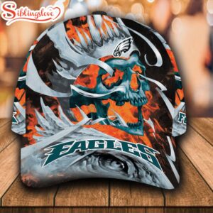 Custom Name NFL Philadelphia Eagles Flame Skull All Over Print 3D Classic Cap 0