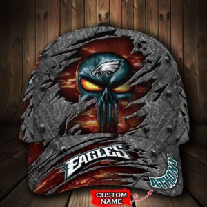 Custom Name NFL Philadelphia Eagles Skull All Over Print 3D Classic Cap 1