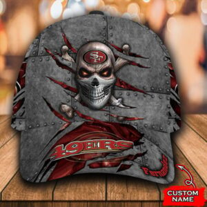 Custom Name NFL San Francisco 49ers Skull All Over Print Red 3D Classic Cap 0