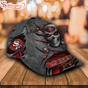 Custom Name NFL San Francisco 49ers Skull All Over Print Red 3D Classic Cap 1