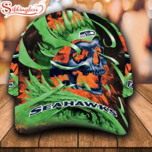 Custom Name NFL Seattle Seahawks Flame Skull All Over Print 3D Classic Cap 0