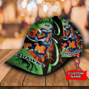 Custom Name NFL Seattle Seahawks Flame Skull All Over Print 3D Classic Cap 2