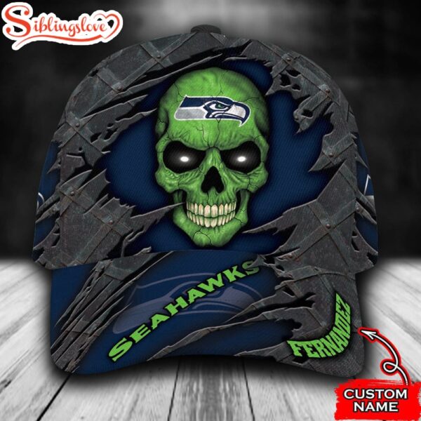 Custom Name NFL Seattle Seahawks Skull All Over Print 3D Classic Cap