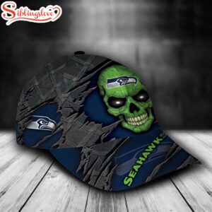 Custom Name NFL Seattle Seahawks Skull All Over Print 3D Classic Cap 1