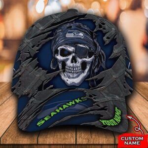 Custom Name NFL Seattle Seahawks Skull Baseball Cap 1