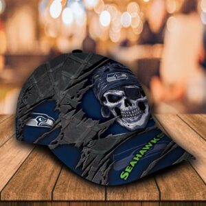 Custom Name NFL Seattle Seahawks Skull Baseball Cap 2