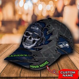 Custom Name NFL Seattle Seahawks Skull Baseball Cap 3